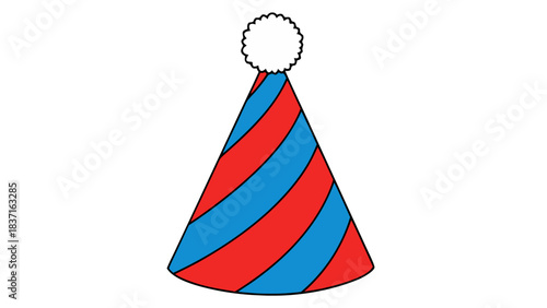 Red And Blue Striped Party Hat With A White Pom Pom On Top Against A Black Background Festive Celebration Accessory