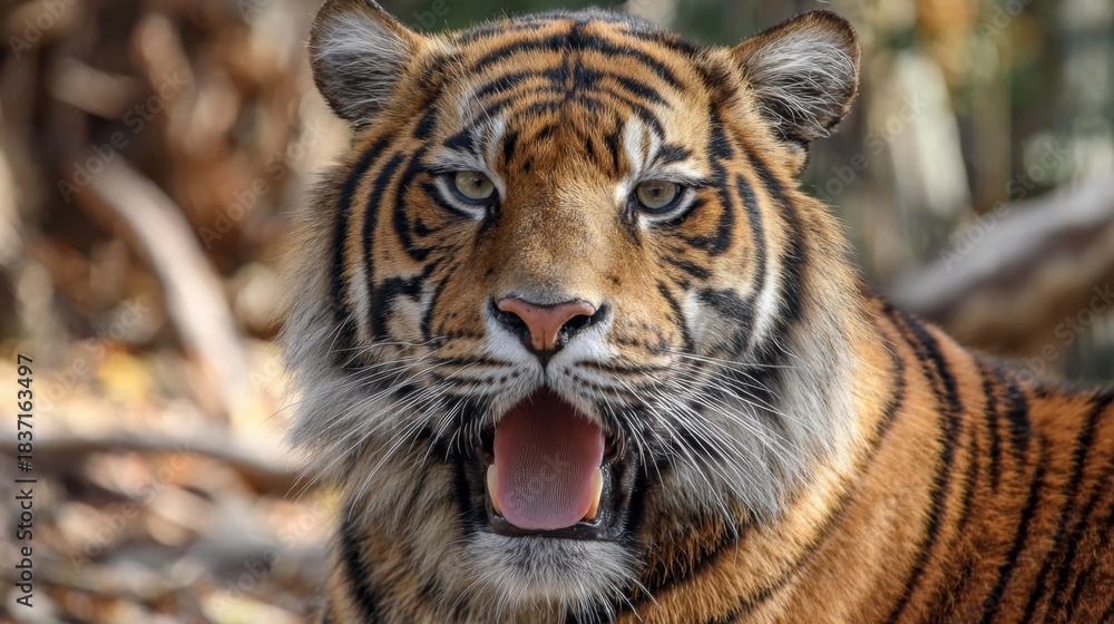 Obraz premium A powerful tiger standing tall fiercely roaring in its lush green environment under bright sunlight.