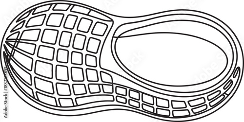 Black-and-white vector outline illustrating an empty, split peanut shell halves.