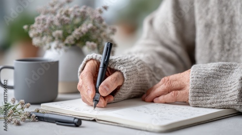 Elderly caucasian woman writing in journal at cozy home with plants and coffee