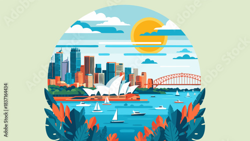Vibrant Flat Design Illustration of Sydney Australia Cityscape, Featuring Opera House and Harbour Bridge Panorama for Travel