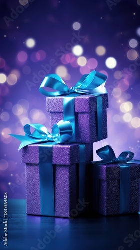 Stacked purple gift boxes with blue ribbons against sparkling bokeh background