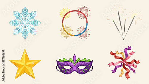Collection of festive and seasonal icons snowflake, star, mask, fireworks, and sparklers