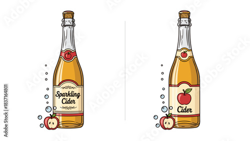 Two bottles of sparkling apple cider and regular cider with apple illustration and bubbles