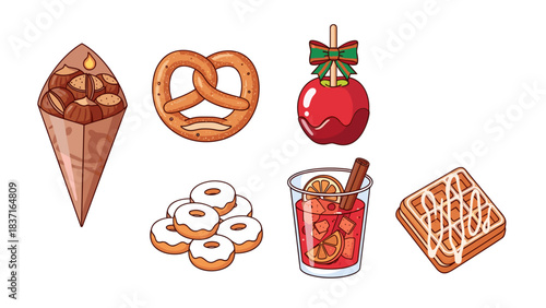 Set of traditional german christmas market sweets and drinks gingerbread, pretzel, candy apple, donuts, mulled wine, and waffle