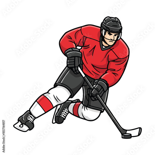 Action-packed Vector Illustration of a Hockey Player in Red Uniform Skating and Shooting
