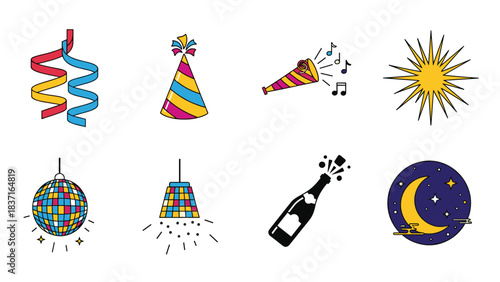 Set of colorful party and celebration icons streamer, hat, horn, sun, disco ball, lamp, champagne, night sky