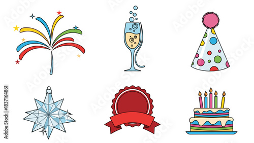 Set of colorful celebration and party icons fireworks, champagne glass, party hat, ice crystal, blank ribbon badge, and birthday cake with candles