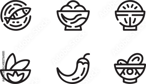 Food Icon Set, Minimalist Line Art Symbols for Fish, Veggies, Chili Pepper and Bowls for Cooking and Restaurant Design