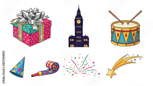 Collection of new years eve and celebration icons gift box, big ben, drum, party hat, blower, fireworks, and shooting star