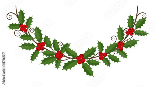 Decorative holly garland with red berries for christmas and winter holidays