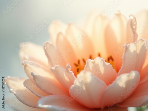 Soft focus macro of a delicate peach-pink flower, soft light, tranquil and serene.