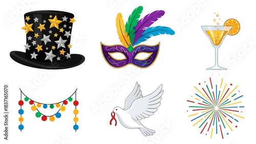 Mardi gras and celebration icons top hat, masquerade mask, cocktail, garland, dove, and fireworks