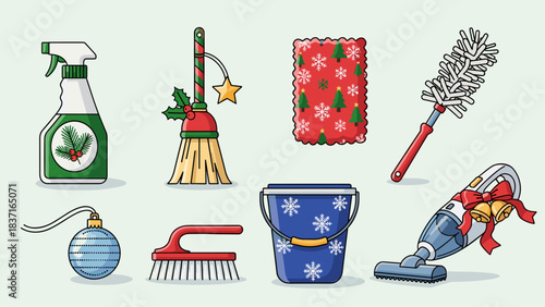 Set of christmas themed cleaning supplies and decorations for holiday tidying up