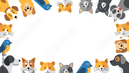 Cute cartoon pets border frame with dogs cats and birds looking down into empty white space for text