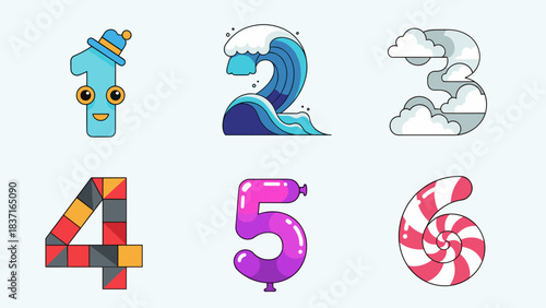 Set of six numbers from one to six designed with different creative themes and styles