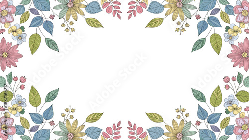 Watercolor floral border frame with pastel flowers and leaves for invitations or greeting cards