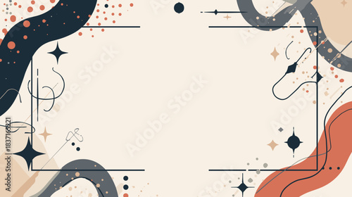 Abstract boho frame with celestial elements and earth tone shapes for copy space