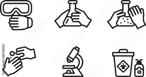 Science Lab Safety Icon Set, Line Art Goggles, Lab Equipment, Handwashing, Microscope and Biohazard Symbols