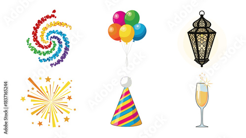 Collection of colorful party and celebration icons fireworks, balloons, lantern, hat, and champagne