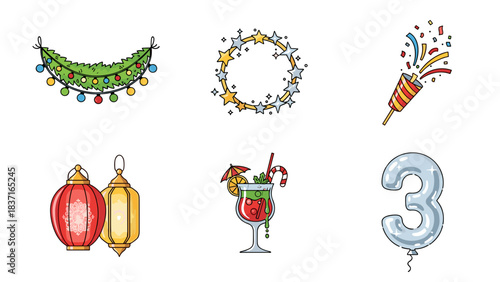 Set of six colorful holiday and celebration icons including garland, star wreath, party popper, lanterns, cocktail, and number three balloon