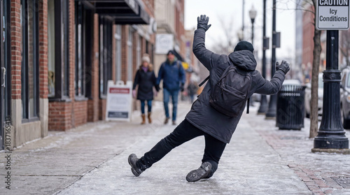 Person slipping on icy sidewalk in urban winter street setting