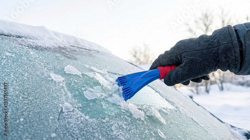 Person scraping frost off a car windshield on a cold winter day
