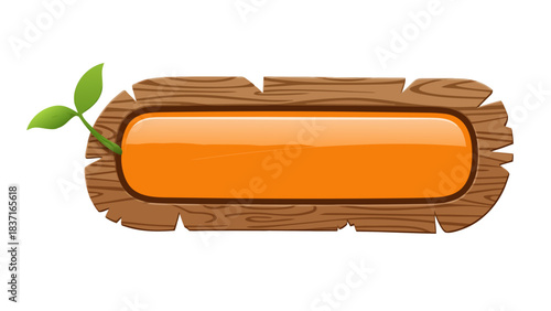 Rustic Wooden Button With Shiny Orange Insert And Green Leaf On Black Background