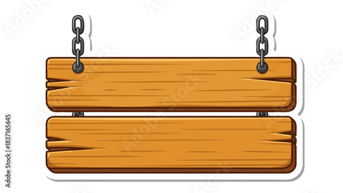 Rustic wooden double sided sign hanging from metal chains with weathered texture and aged appearance on a transparent background suitable for western or wild west themes