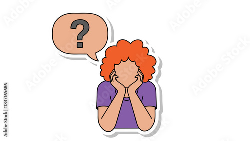 Red Haired Woman With Curly Hair Pondering A Question Mark In A Speech Bubble And Resting Her Chin On Her Hands Wearing A Purple Shirt Isolated On Black Background