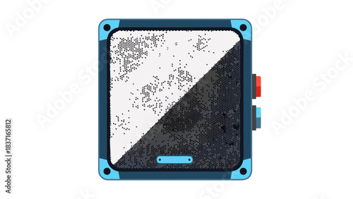 Retro futuristic digital device with a textured screen displaying a split of white and dark gray pixels on a black background with blue and red accents