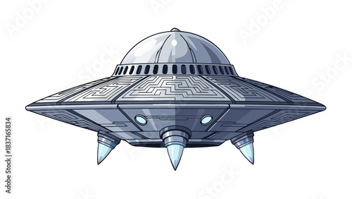 Retro Pixel Art Flying Saucer Spaceship with Lights and Landing Gear Against a Black Background