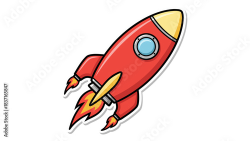 Retro Red Cartoon Rocket Ship Blasting Off with Fiery Exhaust Trails and Blue Porthole Window Set Against a Black Background Minimalist Sci Fi Illustration
