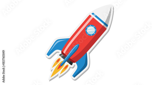 Retro Red and Blue Rocket Ship Blasting Off with Fiery Exhaust Against a Dark Background