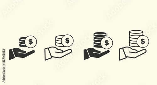 A clean icon showing a hand holding or offering coins, representing finance, donation, budgeting, and economic transactions.