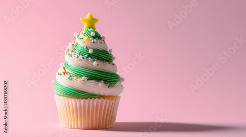 Festive Christmas Tree Cupcake: A sweet holiday treat with star on top.