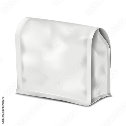 Plastic laminating aluminum foil square flat bottom bag with folding top. Realistic 3d vector mockup. Blank white matte gusseted pouch flexible package. Mock-up. Template for design