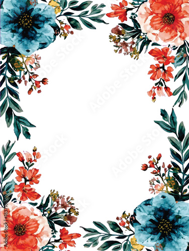 Watercolor Floral Border Frame with Blue and Coral Flowers