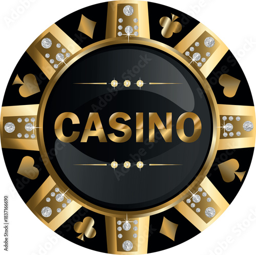 Luxury casino poker chip badge with diamond details on glossy black and gold round emblem