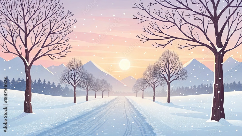 Naklejka premium A serene winter landscape with a snow-covered road leading towards snow-capped mountains at sunset.