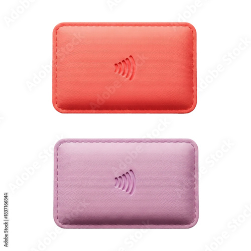 Modern contactless payment card pouches in coral and pink fabric texture, featuring the embossed NFC symbol. Ideal for financial security and technology concepts. Isolated on black.