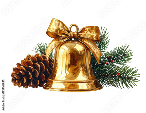 a classic festive watercolor painting of a shiny golden bell tied with a large ribbon nestled amongst traditional green pine tree branches and a textured brown pine cone
