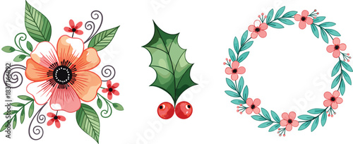 High-Quality Christmas and Winter Vector Elements Collection Featuring Poinsettia, Holly Berries, and Festive Floral Wreath in Modern Hand-Drawn and Flat Illustration Styles for Holiday Decoration