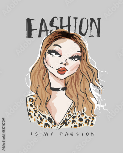 fashion slogan with hand drawn fashion girl vector illustration