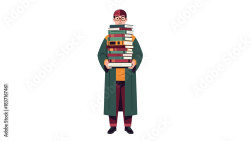 Smiling academic holding a tall stack of books for education.