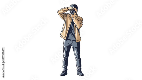Illustrative depiction of a male photographer taking a picture with a professional camera.