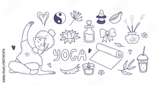 Yoga Wellness Doodles Set. Woman Meditation, Stretching, Practicing Pose, Mat, Lotus, Candle And Zen Accessories. Isolated Hand Drawn. Line Art. Vector Illustration. Not AI