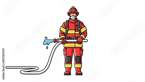 Firefighter with Hose Spraying Water, Ready for Action Illustration