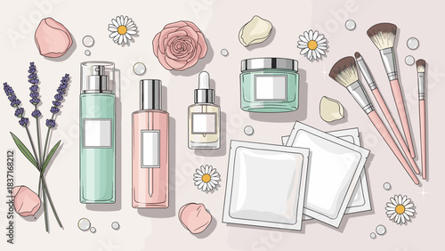 Cosmetic products and beauty accessories flat lay with flowers and lavender