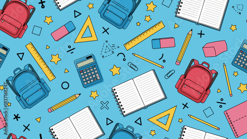 Seamless pattern with school supplies backpacks, notebooks, rulers, erasers, pencils, and calculators on blue background